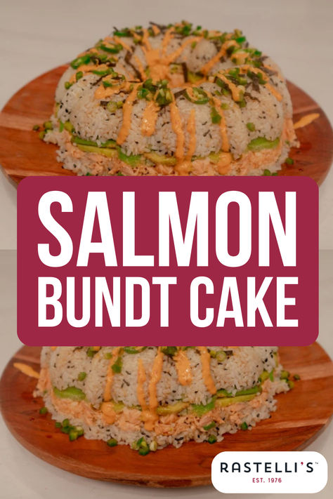 Salmon Bundt Cake Sushi Cake Recipe, Sushi Bundt Cake, Pan Sushi, Salmon Japanese, Cake Sushi, Salmon Cake, Japanese Mayo, Shichimi Togarashi, Sushi Cake