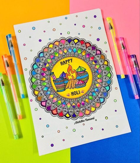 Holi Doodle Art, Holi Drawings, Holi Sketch, Holi Mandala Art, Holi Mandala, Holi Drawing Ideas, Coloured Mandala, Holi Drawing, Easy Mandala