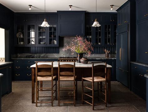 Dark European Kitchen, Heidi Callier, Dark Blue Kitchen Cabinets, Manor Kitchen, Heidi Caillier, Kitchen Color Trends, Dark Brown Walls, Temple House, Moody Kitchen