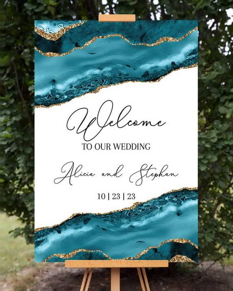 Teal Color Schemes Wedding, Teal And Gold Beach Wedding, Beach Wedding Signs Cute Ideas, Teal Aesthetic Wedding, Gemstone Wedding Colors, Sea Glass Beach Wedding, Teal And Gold Wedding Invitations, Teal And Gray Wedding Ideas, Teal Wedding Aesthetic