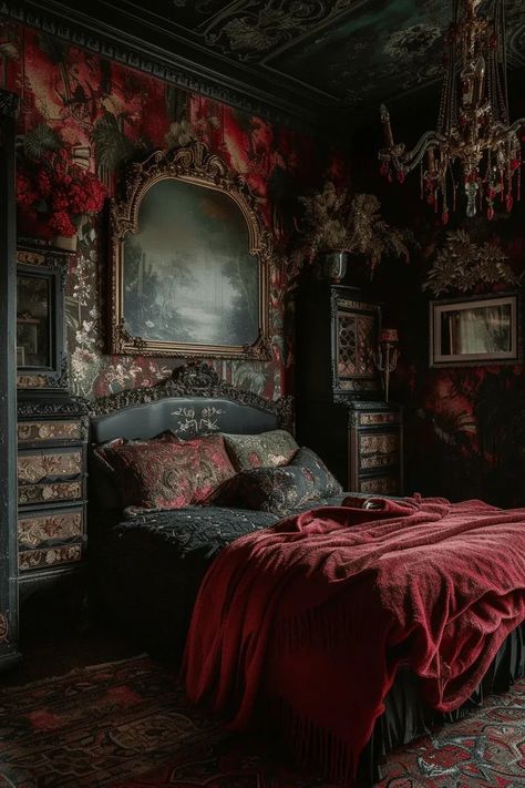 Romantic Goth Bedroom, Victorian Bedroom Aesthetic, Goth Bedroom Ideas, Maximalist Bedroom Ideas, Gothic Bedroom Ideas, House Moving Tips, Victorian Gothic Decor, Home Decor Stairs, Dream Dressing Room