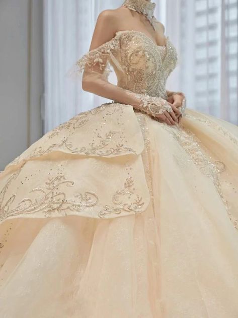 Beige Ball Gown, Ball Gowns Fantasy Fairytale, Beige Gown, Ball Gowns Fantasy, White Ball Gown, Wedding Dress With Train, Train Silhouette, Short Sleeve Wedding Dress, White Ball Gowns