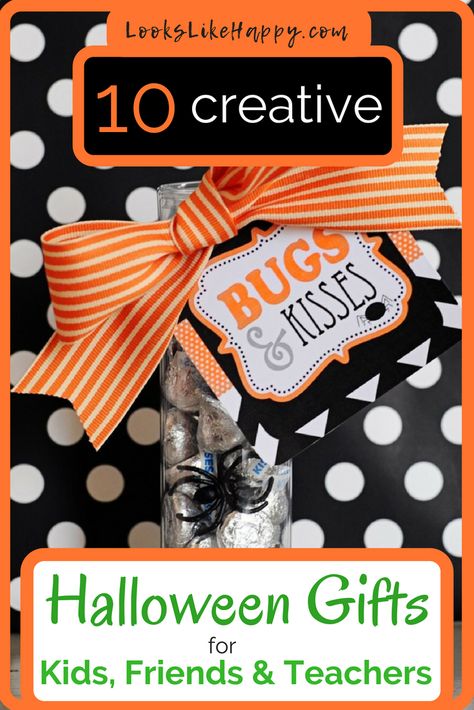 Halloween is the perfect excuse to give spooky cute little gifts. These 10 ideas are quick & inexpensive - and totally cute! #halloween #gifts Clever Sayings For Gifts, Halloween Class Gifts, Halloween Student, Halloween Gifts For Kids, Diy Halloween Gifts, Kids Halloween Gifts, Boo Gift, Boo Baskets, Halloween Teacher Gifts