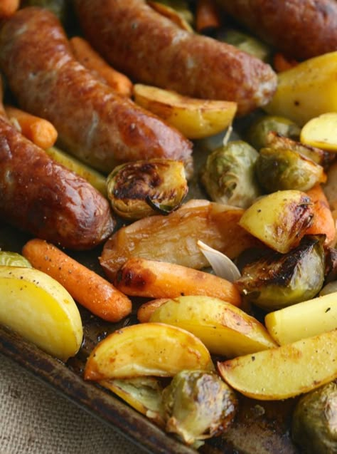 Bratwurst Sheet Pan Dinner, Sheet Pan Brats, Oktoberfest Dinner, Potatoes And Brussel Sprouts, Practically Homemade, Brats Recipes, Bratwurst Recipes, Foil Dinners, Oktoberfest Food