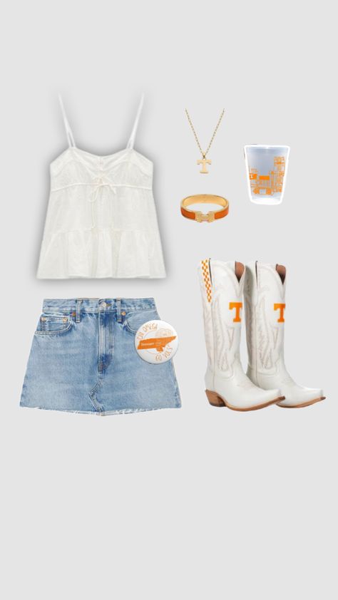 tennessee utk gameday football outfit ootd inspo sec fall sorority college Clemson Gameday Outfit, Fall Football Outfit, College Football Game Outfit, College Football Gameday, Rush Week Outfits, Football Outfit, College Gameday Outfits, Custom Jean Jacket, Tennessee Football