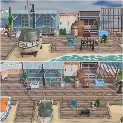 Fishing Port Animal Crossing, Acnh Fishing Pier, Animal Crossing Yacht Ideas, Yatch Ideas Acnh, Acnh Yacht Club, Acnh Yacht Dock Ideas, Acnh Shipping Port, Acnh Citycore Beach, Acnh Boat Dock Ideas