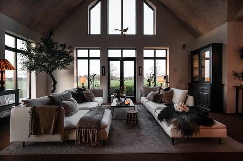 Swedish Modern House, Monochrome Interior Design, Swedish Cottage, High Ceiling Living Room, Monochrome Interior, Swedish House, Cosy Living Room, Open Living Room, Castle House