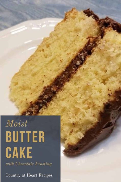 Every now and then, I get a hankering for a Moist Butter Cake with Chocolate Frosting. Here's one you can make homemade from scratch. And homemade is always better!#moistbuttercakewithchocolatefrosting #buttercake #chocolatefrosting #cakes #desserts #layercakes #butter #chocolate #countryatheartrecipeshttps://countryatheartrecipes.com/2018/06/moist-butter-cake-with-chocolate/ Old Fashioned Butter Cake Recipe, Butter Cake With Chocolate Frosting, Milk Chocolate Frosting Recipe, Rich Butter Cake Recipe, Moist Butter Cake Recipe, Vanilla Butter Cake Recipe, Best Butter Cake Recipe, Moist Butter Cake, Chocolate Frosting Easy