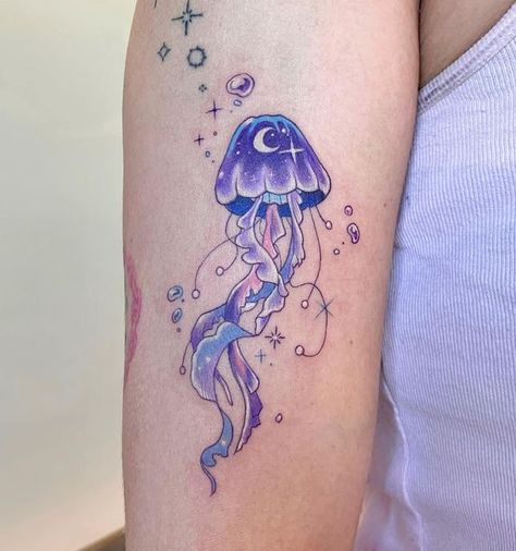 Uv Jellyfish Tattoo, Jellyfish Tattoo On Back, Jellyfish Space Tattoo, Jellyfish Tattoo Cute, Moon Jelly Fish Tattoo, Pretty Jellyfish Tattoo, Galaxy Jellyfish Tattoo, Princess Jellyfish Tattoo, Space Jellyfish Tattoo