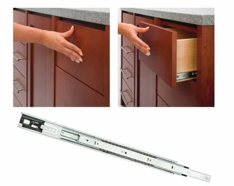 There are different types of drawer runners, including the likes of wooden slides, side-mounted ball bearing slides and self-closing under mount slides. Drawer Runner, Drawer Sliders, Kitchen Cabinet Drawers, Drawer Runners, Wooden Drawers, Drawer Hardware, Kitchen Drawers, Old Kitchen, Drawer Slides