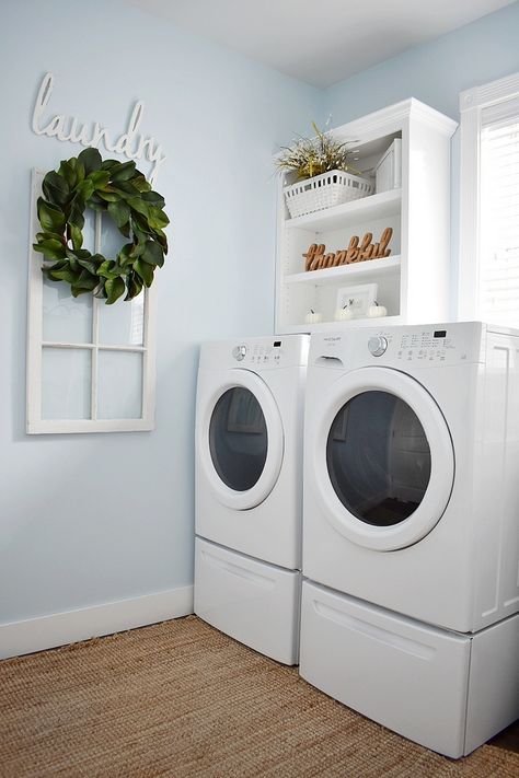 Glidden “Polo Blue Laundry Room paint color is Glidden “Polo Blue Blue Laundry Room, Glidden Paint Colors, Bright Laundry Room, Laundry Room Paint Color, Pink Laundry Rooms, Laundry Room Paint, Laundry Room Colors, Bedroom Paint Colors Master, Blue Laundry Rooms