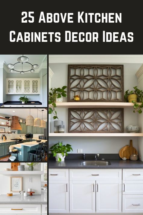 An image of a beautifully decorated kitchen with plants, baskets, and elegant vases displayed above the cabinets. Decorate Above Kitchen Cabinets Ideas, How To Decorate Above Cabinets, Above Kitchen Cabinet Decor Ideas Farmhouse, Above The Cabinet Decor Kitchen, Above Kitchen Cabinet Decor Ideas Modern, Above Cabinet Decor Kitchen, How To Decorate Above Kitchen Cabinets, Above Kitchen Cabinet, Decorating Above Kitchen Cabinets Ideas