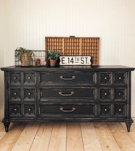 Black 9 drawer dresser 🖤 • • • • • • • • • •#mycozystyle #farmhousedecor #cottagestyle #cottagehome #washington #happinessishomemade… Distressed Black Dresser, Distressed Dresser Diy Farmhouse, Dresser Stencils, Black Dresser Diy, Black Antique Dresser, Black Distressed Dresser, Distressed Dresser, Black Painted Furniture, Water Based Wood Stain