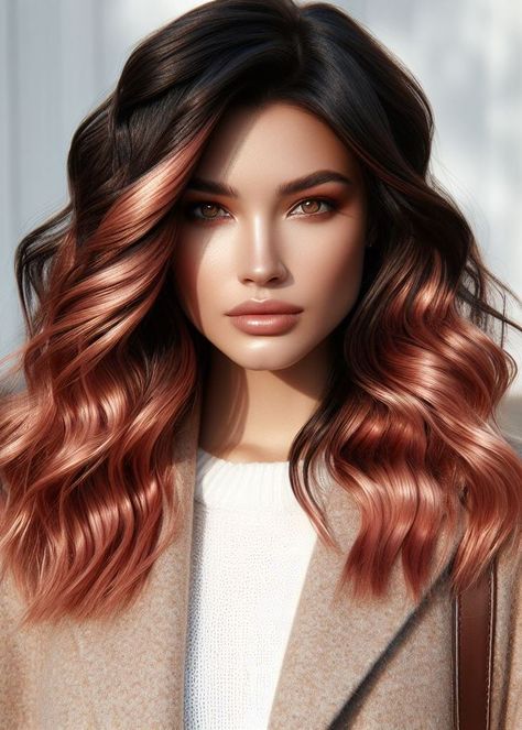 Light Brown with Glossy Rose Color: A current-day bombshell look! Add copper and pink to light brunette hair with rose gold highlights. If you’re up for high-maintenance hair, this is the style for you. Brunette Copper Balayage, Cotton Candy Pink Hair, Rose Pink Hair, Light Brunette Hair, Light Brunette, Hair Color Rose Gold, Copper And Pink, Hot Hair Colors, Brown Hair Balayage