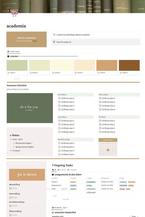 Notion Template Planner, College Organisation, Student Notion Template, School Agenda, Student Dashboard, College Vision Board, School Template, College Organization, College Aesthetic