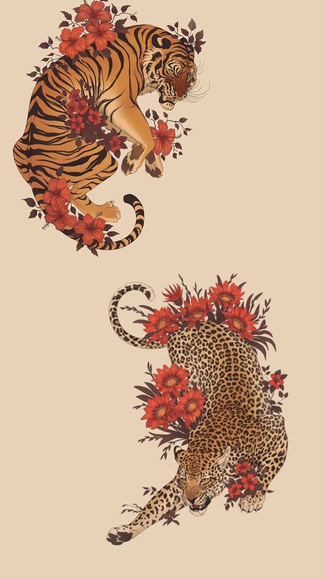 Leo Back Tattoo Women, Red Cheetah Tattoo, Back Tattoo Women Tiger, Tiger Aesthetic Wallpapers, Tiger Leopard Tattoo, Feminine Tiger Tattoo, Tiger Goddess, Tiger And Leopard Tattoo, Tiger With Vines Tattoo