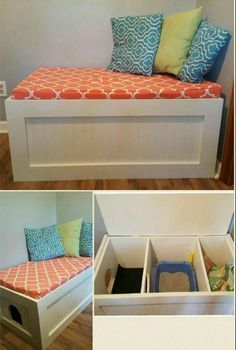 Cat Room Diy, Cat Liter, Diy Litter Box, Katt Diy, Hidden Litter Boxes, Katt Grejer, Kat Diy, Diy Pet Bed, Bench Decor