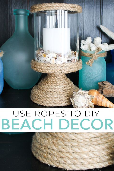 Make your own DIY beach decor in minutes by using hot glue and rope! A quick and easy way to add nautical decor to your home! #beach #decor #rope Diy Coastal Decor, Nautical Candles, Beach Crafts Diy, Beach Decorations, Beach Room Decor, Beach Themed Crafts, Diy Beach Decor, Nautical Diy, Summer Decorations