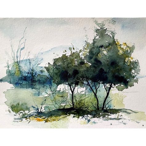 Watercolour And Ink Landscape, Trees In Watercolour, Tree Water Colour, Modern Watercolor Art Inspiration, Pen And Watercolor Art, Pen And Wash Watercolour, Wayercolor Trees, Watercolour Bush, Watercolor Bushes Trees