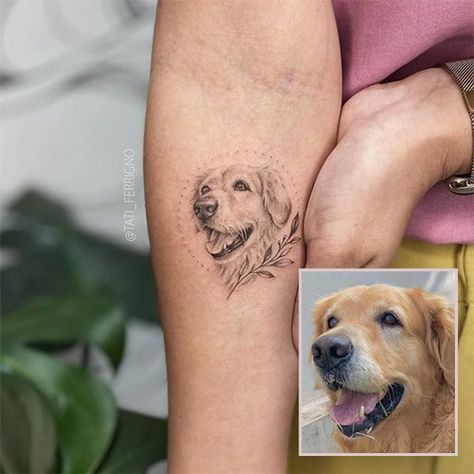 Dog Tattoo Ideas Memorial Golden Retriever, Golden Retriever Portrait Tattoo, Dog With Halo Tattoo, Fine Line Pet Portrait Tattoo, Dog Portraits Tattoo, Yellow Lab Tattoo Ideas, Tattoo Of Dog Memory, Small Pet Portrait Tattoo, Dog Heaven Tattoo