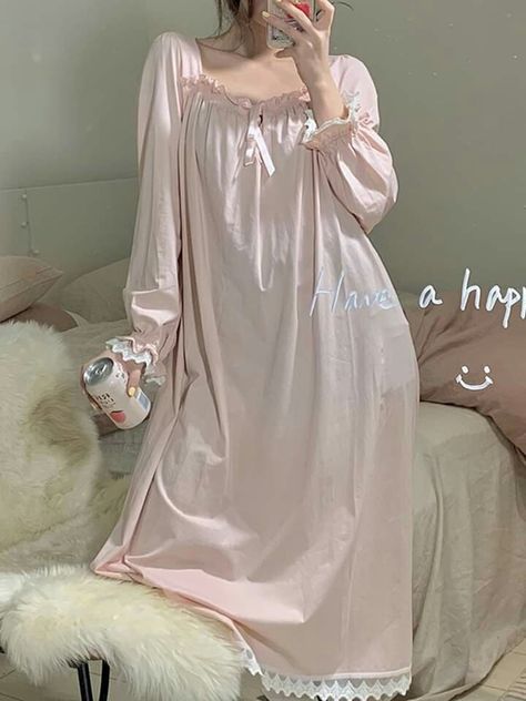 Princesscore Pajamas, Korean Night Gown, Princess Pajamas Aesthetic, Korean Nightgown, Silk Pyjama Aesthetic, Sleep Dress Aesthetic, Fantasy Pajamas, Kawaii Nightgown, Pyjamas Dress