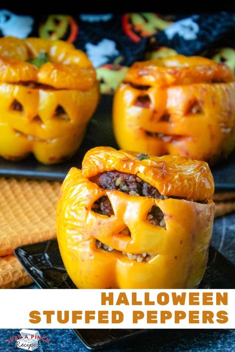 Jack-O'-Lantern Stuffed Peppers Recipe Halloween Stuffed Peppers, Stuffed Peppers Recipe, Dinner Themes, Fall Dinner, Pepper Jack, Cheese Lover, Peppers Recipes, Ground Meat, How To Cook Quinoa