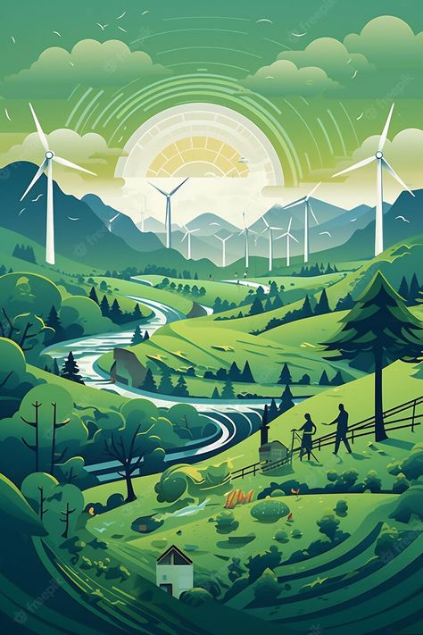 Wind Farm Illustration, Eco Poster Design, Farm Infographic, Go Green Poster, Farm Graphic Design, Nature Poster Design, Natural Photo Editing, Go Green Posters, Renewable Energy Design