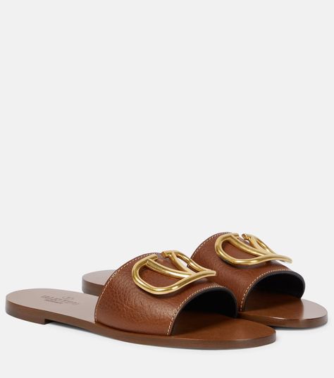 Valentino Slides, Brown Slides, Valentino Rockstud Pumps, Satin Ballet Flats, Patent Leather Ballet Flats, Brown Accessories, V Logo, Valentino Garavani Shoes, Bag Women Fashion