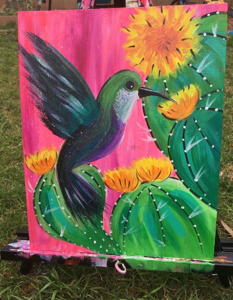 How To Paint A Hummingbird - Step By Step Painting Hummingbird Painting Acrylic, Kids Canvas Painting, Paint Night Ideas, Hummingbird Painting, Cactus Painting, Paint Nite, Summer Painting, Art And Painting, Easy Canvas Painting