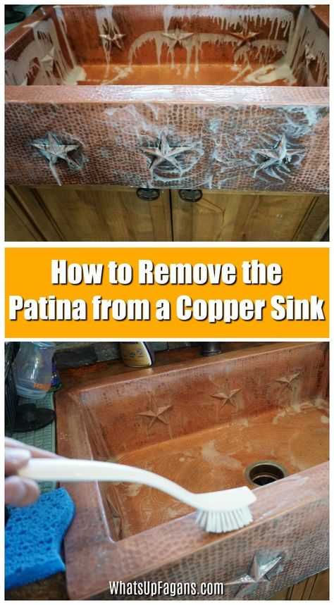 dirty copper sink being cleaned with copper sink cleaner in order to remove the copper patina Copper Sink Care, Perfect Schedule, Sink Care, New Kitchen Sink, Sink Cleaner, Clean Copper, Easy House Cleaning, Sink Cleaning, House Cleaning Hacks