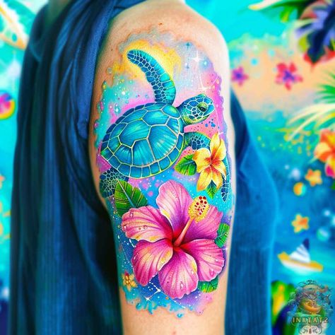 Purple Hibiscus Flower Tattoo, Turtle Cover Up Tattoo, Polynesian Flower Tattoo Designs, Sea Turtle Cover Up Tattoo, Sea Turtle Hibiscus Tattoo, Coloured Flower Tattoo, Hibiscus Tattoo Color, Colorful Tattoos For Black Women, Sea Turtle Watercolor Tattoo