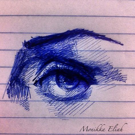 Drawing of woman's eye. Blue pen on lined paper. Lined Paper Sketches, Drawing Ideas With Blue Pen, Art With Blue Pen, Blue Pen Art Drawings, Drawing On Lined Paper, Drawing With Blue Pen, Blue Pen Doodles, Pen Scetches Notebook, Blue Pen Art