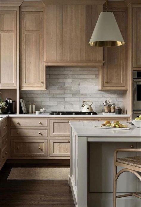 Modern Wood Cabinets Kitchen Natural, Dark Wood Floor Light Wood Cabinets, Light Wood Stained Cabinets, Rye Cabinets Kitchen, Dark Kitchen Wood Floors, Two Tone Maple Kitchen Cabinets, Lighter Wood Kitchen Cabinets, French Oak Cabinets, Kitchen Ideas With Stained Cabinets