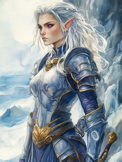 A fearless paladin with piercing violet eyes that glow like brilliant sapphires, her half-elf lineage is evident in her pointed ears and lithe grace. Her armor, polished and gleaming, reflects her unwavering dedication as she gazes across the icy fjords she has sworn to protect. Cascading waves of silver hair frame a face marked by both wisdom and resolve. #paladin #half-elf #dnd #characterart #aiart #midjourney #dndart #dungeonsanddragons #illustration #fantasyart #characterdesign #character. Half Elf Dnd, Character Showcase, Elf Armor, Lotr Elves, Half Elf, Pathfinder Character, Elf Art, Fantasy Heroes, Pointed Ears