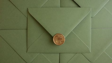 Monogram Gold Wax Seal on Olive Green Envelopes Gold Wax Seal, Green Envelope, Green Envelopes, Wax Seal, Wax Seals, Olive Green, Envelope, Wax, Monogram