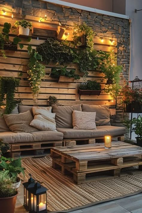 Rustic pallet lounge haven for a budget-friendly patio Temporary Backyard Ideas, Backyard Seating Ideas On A Budget, Small Backyard Remodel, Backyard Remodel Ideas, Deck Ideas On A Budget, Outdoor Seating Ideas, Small Backyard Decks, Beautiful Terrace, Patio Deck Ideas