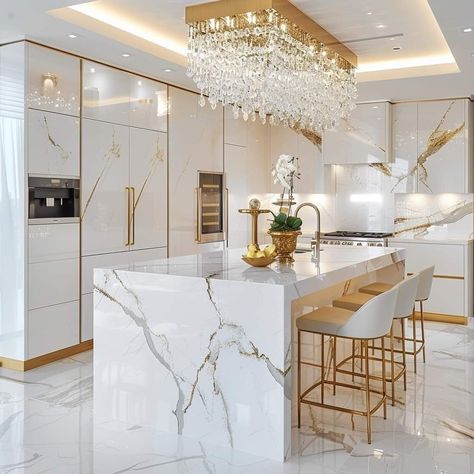 Gypsum Kitchen Design, White And Gold Interior Design, Cream And Gold Kitchen, Boujee Kitchen, Gold And White Kitchen, Small Luxury Kitchen, Marmor Kitchen, White Gold Kitchen, Modern Gold Kitchen