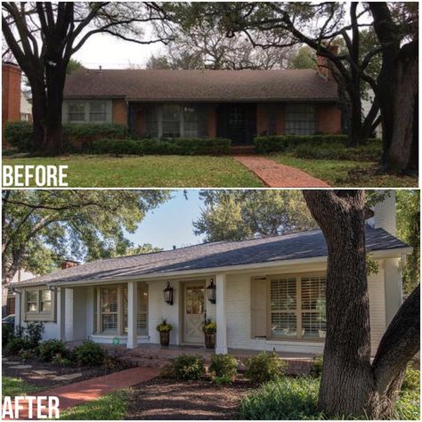 Vandalay Designs on Instagram: “🍂Transformation Tuesday🍂 Talk about reviving a home! This 1950’s exterior was updated with fresh paint, new windows, roof, lighting,…” Low Pitch Roof House Exterior Remodel, Low Pitch Roof House Exterior, Pitch Roof House, Low Pitch Roof, House Trends, Rambler House, Pitch Roof, Ranch House Remodel, Exterior House Remodel