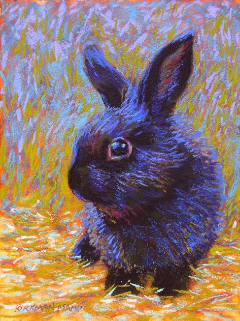 "Baby Bunny" (pastel, 8x6 inches) Here's a little "Baby Bunny" for your enjoyment! You might notice I used some black Art Spectrum primer over my usual gold and terra cotta on the underpainting, to get a good base tone for this black bunnyling. I did smudge some T.L. Eggplant and black pastel in there first, just to demonstrate an alternative. I also decided to continue the little confetti-like strokes into the background to echo the texture of bunny fur. :) Watch a quick speed video here! Colored Pencil Artwork Ideas, Black Pastel, Bunny Painting, Colored Pencil Artwork, Oil Pastel Paintings, Oil Pastel Art, Oil Pastel Drawings, Baby Bunny, Daily Painting