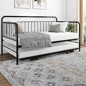 DHP Oddny Metal Daybed with Pop Up Trundle Bed, Twin, Black Trundle Bed Twin, Daybed With Pop Up Trundle, Black Beds, Pop Up Trundle Bed, Pop Up Trundle, Metal Daybed, Bed Twin, Trundle Bed, Daybed