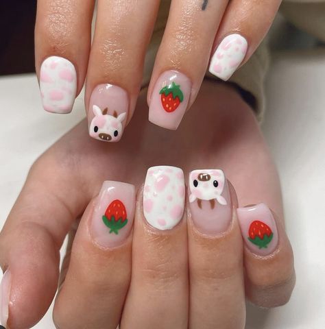 Strawberry Cow Nails, 3d Flower Nail Art, Strawberry Nail Art, Summer Nails 2023, Crazy Nail Designs, Cow Nails, Retro Nails, Spring Acrylic Nails, Cute Simple Nails