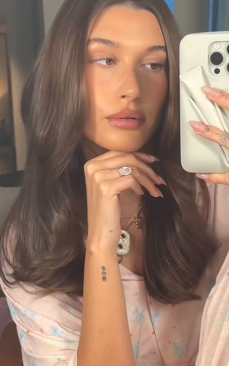 Hailey Bieber Hair Dark, Haley Bieber Brunette, Haley Bieber Hair Brown, Hailey Bieber Dark Brown Hair, Hailey Bieber Dark Hair, Hailey Bieber Brunette, Hailey Bieber Brown Hair, Brunette Aesthetic, Hailey Rhode