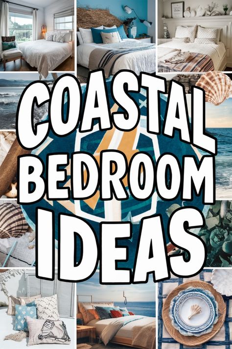 Coastal-themed bedroom design ideas collage with nautical elements and beach-inspired decor. Ocean Colors Bedroom, Lake Cottage Interiors Decorating Ideas, Relaxing Bedroom Decor Ideas, Coastal Bedroom Decor Ideas, Coastal Bedroom Wallpaper, Lake House Bedrooms, Beachy Bedroom Ideas Coastal Style, Navy Coastal Bedroom, Coastal Boys Bedroom