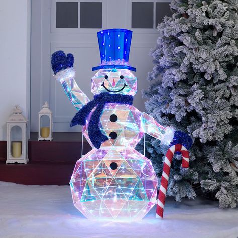 Prismatic Christmas Decor, Iridescent Christmas Decor, Snowman Outdoor Decorations, Christmas Yard Decor, Lighted Snowman, Snowman Christmas Decorations, Light Pattern, Christmas Yard Decorations, Candy Cane Christmas