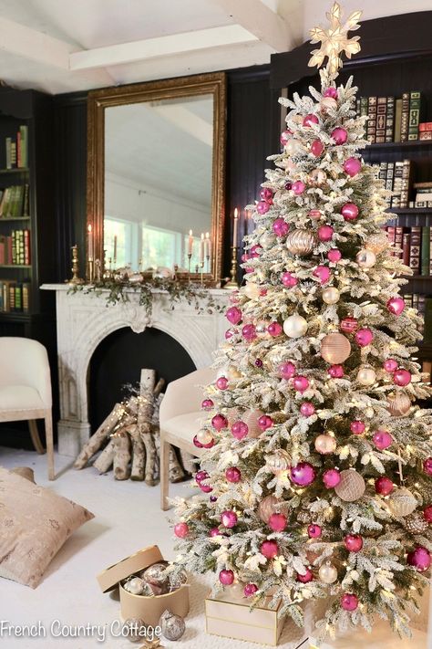 12 Trees of Christmas- Frosted Tree with Vintage Pink & Pearl - French Country Cottage Pink Christmas Tree Decorations, Different Christmas Trees, Frosted Christmas Tree, Frosted Tree, Tree Inspiration, Christmas Tree Decorating Themes, French Christmas, Deco Rose, Pink Xmas