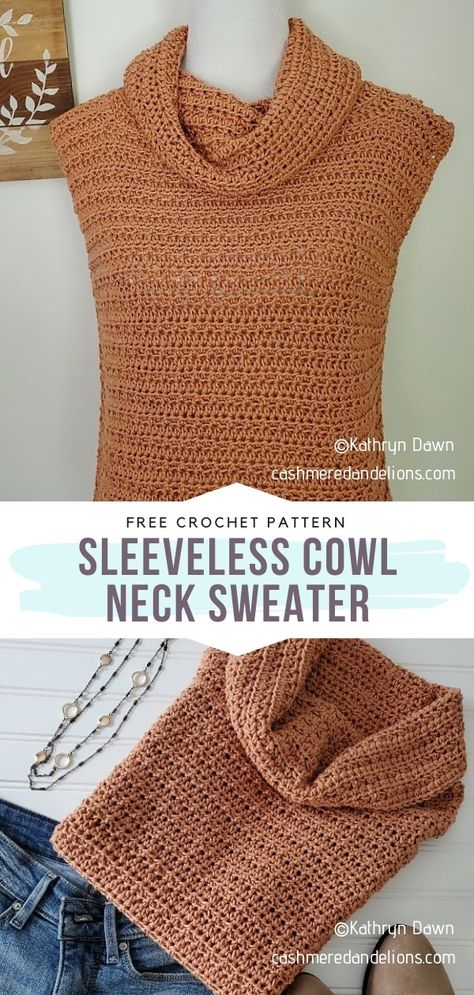 Free Crochet Blouse Patterns, Crochet Pattern Vest Free, Crochet Sleeveless Vest Pattern Free, Crochet Pattern Sweater Vest, Cowl Neck Crochet Top, Crochet Cowl Neck Sweater Pattern, Crochet Ideas For Autumn, Crochet Cowl Neck Top, Cowls Crochet Pattern Free