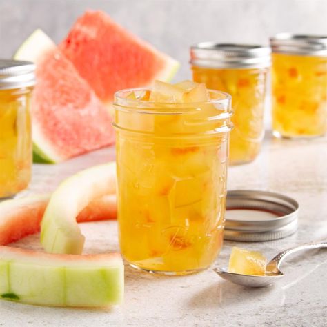 Watermelon Rind Preserves Watermelon Rind Preserves, Pickled Watermelon Rind Recipe, Pear Preserves, Pickled Watermelon Rind, Watermelon Rind, Watermelon Recipes, Sweet Pickles, Reduce Food Waste, Pickling Recipes