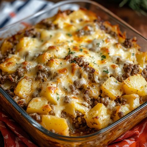 Hamburg And Potato Recipes, Hamburger Potato Cheese Casserole, Cheesy Hamburger Potato Casserole, Hamburger Potato Casserole Recipes, Potato And Hamburger Casserole, Hamburger And Potato Casserole, Onion Dishes, Hamburger Dinner, Ez Recipes