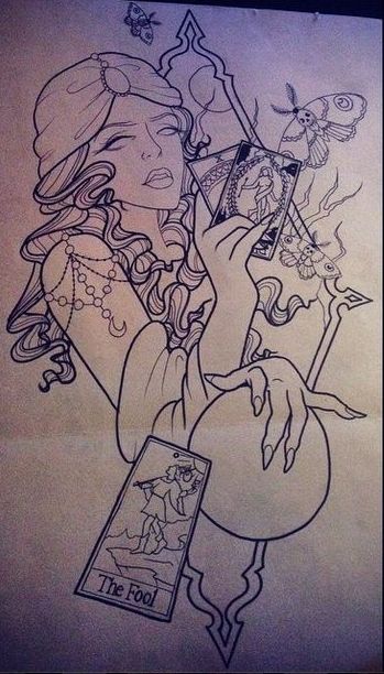 Fortune Teller Tattoo Sleeve, Fortune Teller Tattoo Design, Fortune Teller Drawing Crystal Ball, Crystal Ball Traditional Tattoo, Tattooed Lady Tattoo, Fortune Drawing Ideas, Psychic Tattoo Ideas, Fortune Teller Drawing, Psychic Tattoo