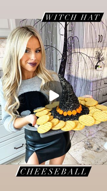 Macy Blackwell on Instagram: "Witch Hat Cheeseball!🔮🖤 So easy, cute, and delicious for your Halloween parties!! 

Ingredients: 

* 2 bricks cream cheese (softened) 
* 1 cup cheddar cheese (shredded)
* 1 cup pepper jack cheese (shredded) 
* 2 jalapenos (remove seeds and chopped)
* 1 package bacon bits
* 2 tsp chili powder
* black sesame seeds 
* 1 long carrot 

Directions: 

1. Toss cream cheese, shredded cheeses, jalapeños, bacon bits, and chili powder in a bowl. Beat under combined. 
2. Form the base of the hat first, then form the triangular section. 
3. Cover in black sesame seeds. 
4. Slice carrots to make a hat band. 
5. Serve with crackers! 

#halloweenfood #halloweencheeseball #halloweencooking #halloween party" Witches Hat Cheese Ball, Halloween Cheeseball Ideas, Halloween Cheese Ball, Macy Blackwell, Make A Hat, Scream Mask, Cream Cheese Dips, Black Sesame Seeds, Pepper Jack Cheese